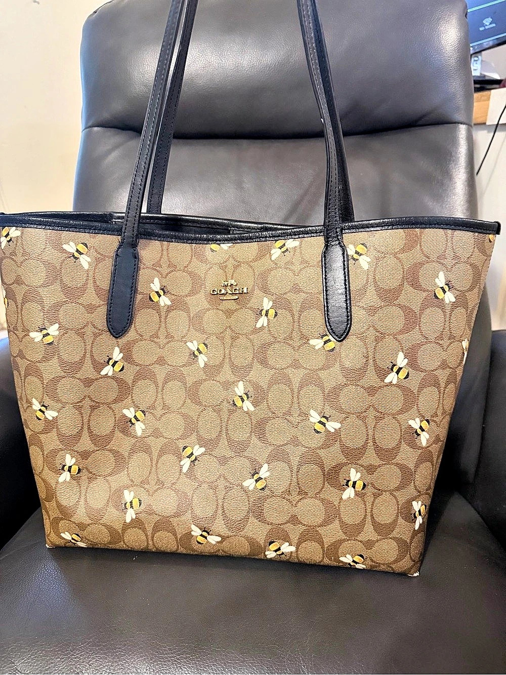 Coach City Tote In Signature Canvas With Bee Print Brown & Black